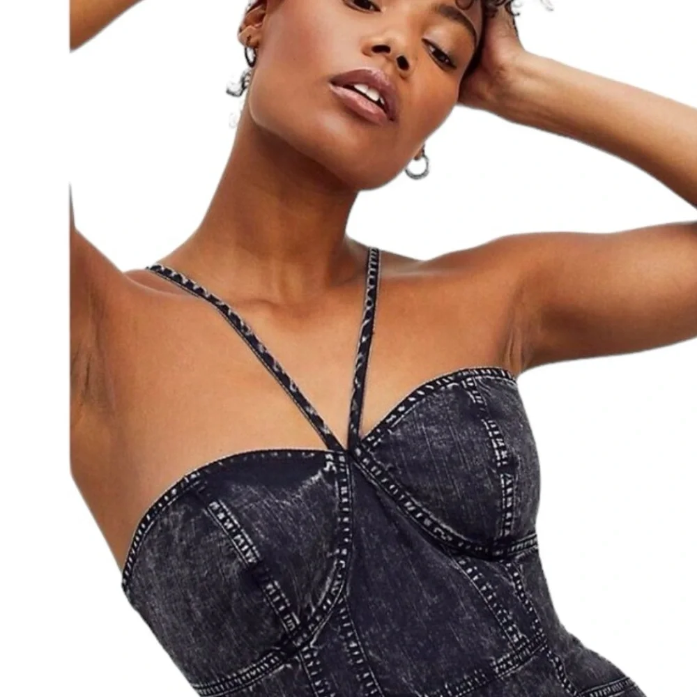 Nwt FREE PEOPLE Sz 12LUANNA DENIM MIDI DRESS IN WASHED BLACK_3
